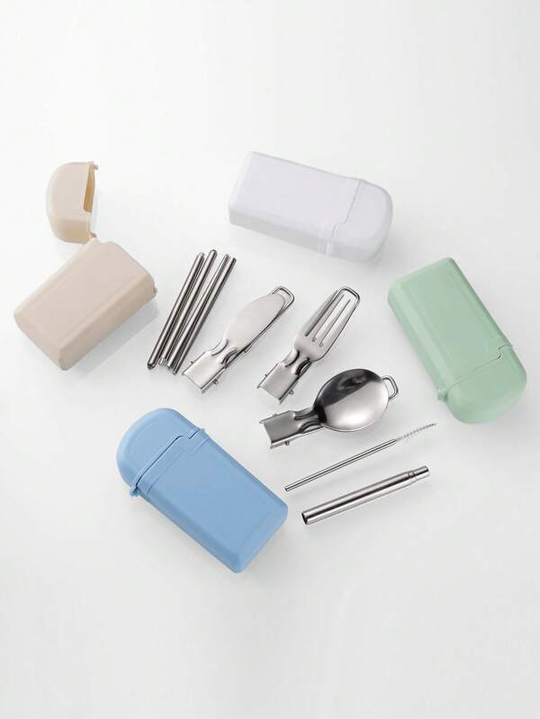 Stainless Steel Folding Cutlery Set, Knife Fork Spoon, Portable Outdoor Picnic Camping Tableware With Fold Spoon, Fork, Knife, Chopsticks, Straw,School Supplies