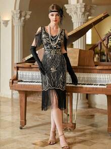 Women's 1920s V-Neck Gatsby Fringe Dresses With Sleeve For 2025 Ball Dress/Prom/Wedding Guest, Beaded Sequins,Party Dress - Black Gold - View 3