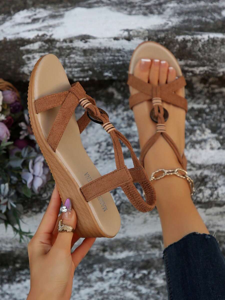 Women's Bohemian Style Wedge Sandals, Suede Leather Casual Vacation Slip-On Platform Shoes, Non-Slip Thick Sole, Fashion Versatile Wedge Sandals, Brown