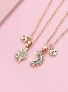 2pcs Zinc Alloy Bling Sun & Moon Design Necklace Set For Girls, With BFF Pendant, Suitable For Friendship Matching Everyday Wear