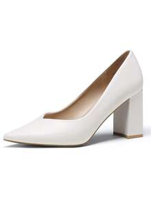 Zapatos de tacón alto, gruesos, cerrados, con punta puntiaguda, elegantes, sin cordones, para bodas y fiestas - Blanco - Ver 3