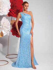 ADYCE Đầm dự tiệc cocktail nữ đính sequin xếp ly xẻ tà phía trước hở lưng, kiểu dáng thanh lịch, phù hợp cho khách dự đám cưới, tiệc tối trang trọng, lễ tốt nghiệp và các dịp khác. - Màu xanh nhạt - Xem 7
