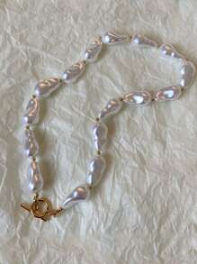 1pc Vintage Classic Asymmetrical Baroque Pearl OT Clasp Necklace
