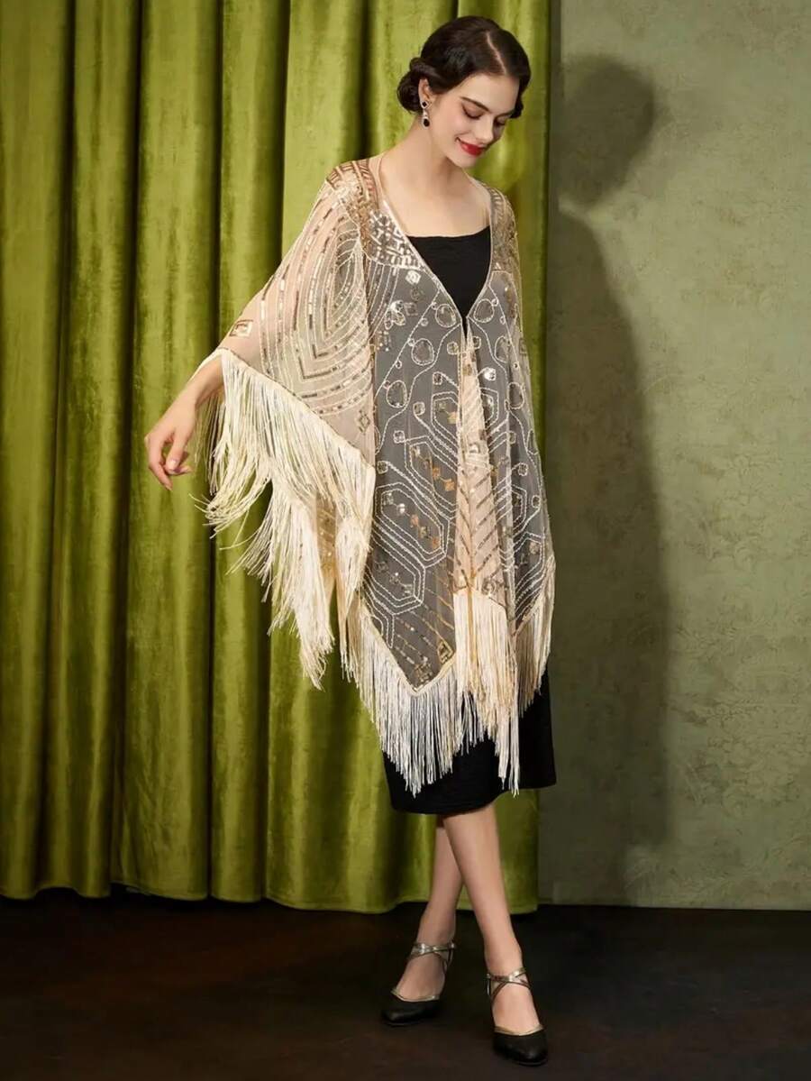 Vintage 1920s Sequin Embroidered Fringe Shawl Elegant Retro Polyester Breathable Mesh Short Capelet Woman'S Fashion Party Evening Dress Accessory - Multicolor - View 1