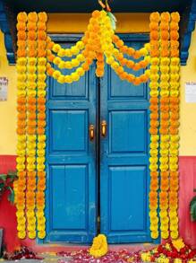 Marigold Garland For Decoration, 1 Pc Of 5 Feet Yellow Orange Long Artificial Marigold Flowers Strings Home Decoration For Pooja Diwali Wedding Mantle Decorations