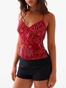 Women Sequin Sparkle Open Back Criss Cross Straps Tank Top Y2k Pearl Embellished Cami Tops Sexy Bling Glitter Rhinestone Camisole - 紅色 - 查看 4