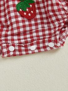 Baby Girl Strawberry Outfit Plaid Smocked Sleeveless Overall Romper Te-Up Headband Cute Summer Clothes 2Pcs Set