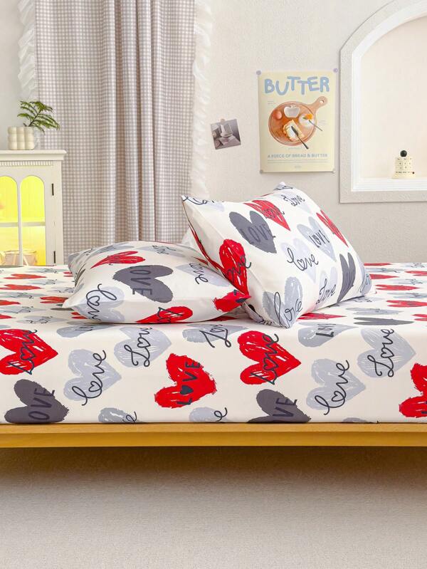 3 Pcs Soft Fitted Sheet Sets - Heart Sheet Set 2 Pillowcase And 1 Mattress Protector (30cm / 12in Deep) - Modern Mattress Cover Or Bed Pad Pillow Cover For All Bed Sizes Twin Full Queen King Single Double Bedding Set School Bedding