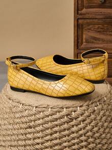 Women's Fashion Square Toe Slip-On Casual Loafers, Versatile Yellow Flats, Outdoor Wear, High-End Charm For Spring/Summer, Office, Party, Wedding, Ankle Strap, Checkered - Yellow - View 4