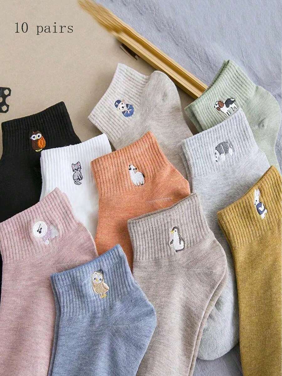 10 Pairs Random Cartoon Animal Embroidery Breathable Boat Socks, Spring/Summer - Multicolor - View 1