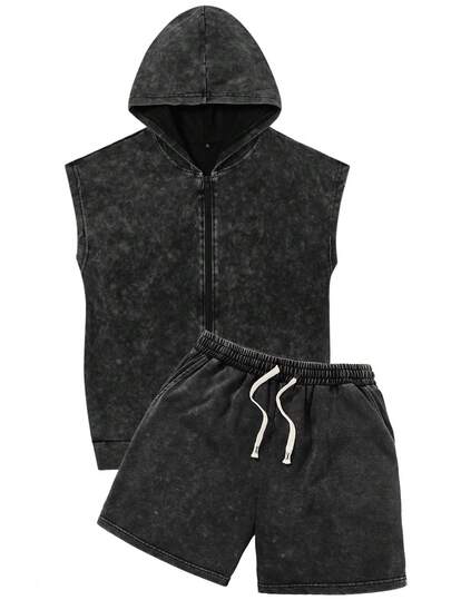 Shwiy 2pcs/Set Men's Casual Washed Black Zip-Up Hooded Tank Top And Shorts, Sleeveless Top And Knee-Length Pants, Suitable For Spring/Summer Streetwear