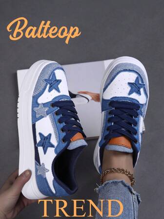 BALTEOP 秋冬女款黑白星星图案透气滑板鞋，轻便舒适，女式运动鞋