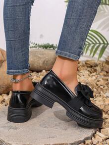 Women's Fashion Versatile Casual Shoes, Bow Decor, Thick Sole Loafers, College Student Shoes, Office Lady Shoes, All Season Flats, Solid Shoes - Black - View 4