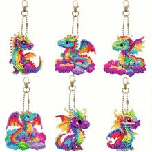 6 Stücke bunte Cartoon Drachen Baby Wolke Diamant Kunst Anhänger Schlüsselanhänger DIY Bastelset, süße Mosaik Schlüsselanhänger Taschenanhänger Dekoration, Geburtstagsparty Geschenk für das Jahr des Drachen