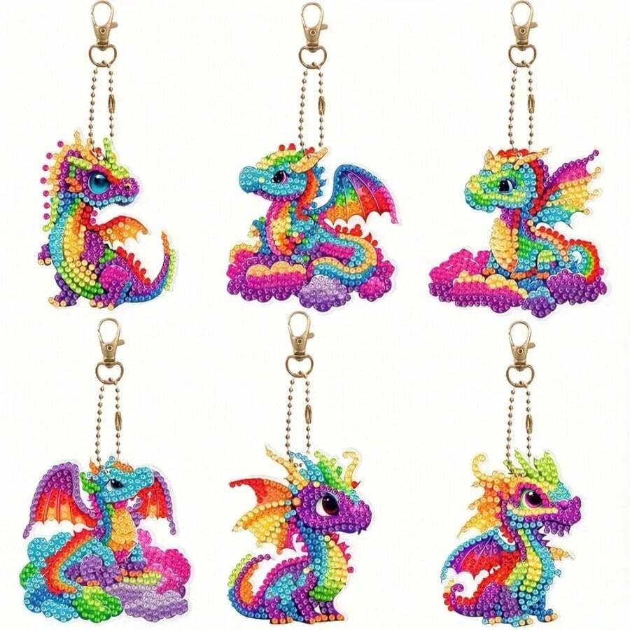 6 Stücke bunte Cartoon Drachen Baby Wolke Diamant Kunst Anhänger Schlüsselanhänger DIY Bastelset, süße Mosaik Schlüsselanhänger Taschenanhänger Dekoration, Geburtstagsparty Geschenk für das Jahr des Drachen