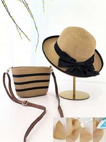 1 Set Cappello di paglia e borsa a tracolla in paglia da donna, cappello a falde larghe con fiocco stile boho e borsa a tracolla, cappello da spiaggia e borsetta adatti per l'uso casual all'aperto, viaggi, vacanze al mare e uso quotidiano - Multicolore - Visualizzare 5
