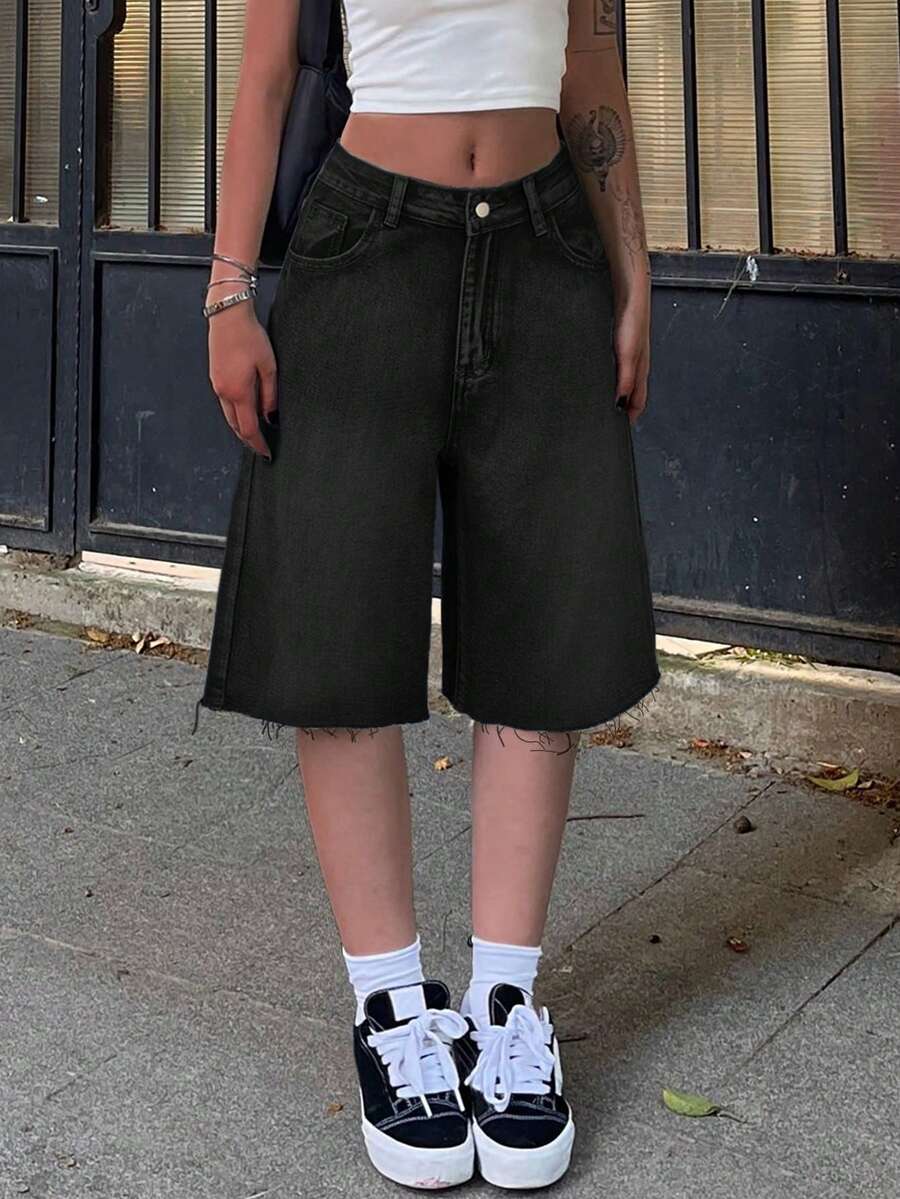 Y2K街头风中腰破洞毛边阔腿百慕大及膝牛仔短裤 - 黑色 - 查看 1