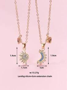 2pcs Zinc Alloy Bling Sun & Moon Design Necklace Set For Girls, With BFF Pendant, Suitable For Friendship Matching Everyday Wear