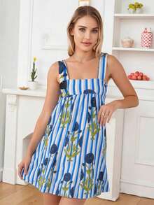 Women's Summer Tie Strap Dress Stripe Tree/Flower Print Loose Mini A Line Dress For Beach - Blue - View 8