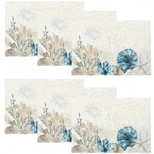 1/4/6/8/12 Pcs Linen Dining Table Placemats, Washable Ocean Seashell Printed Table Mats, Surface Protective Pads, Indoor Outdoor Dining Table Decor, Suitable For Holiday Parties & Kitchen