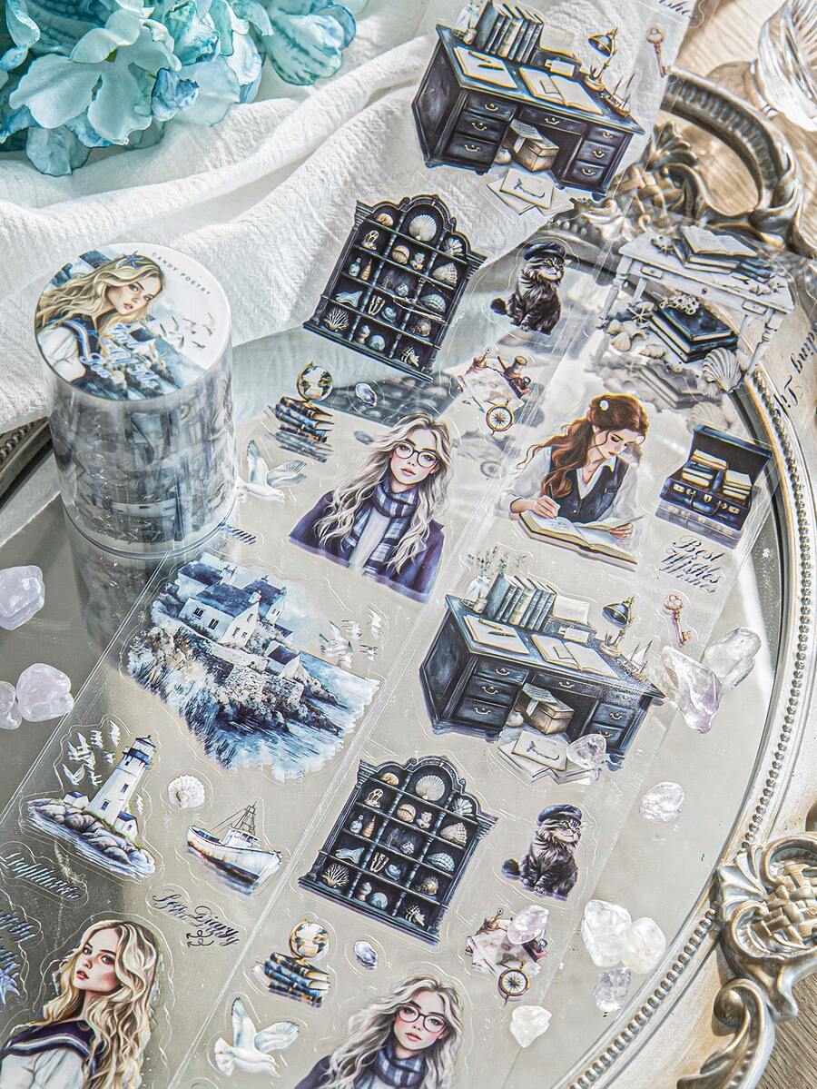 CANDY POETRY 1 卷 2 米人物主题和纸胶带，复古创意艺术胶带，DIY 装饰剪贴簿工艺材料，节日礼物，个性化剪贴簿学校文具用品 - 藍色 - 查看 1