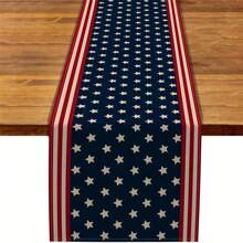 1 pièce de chemin de table rectangulaire au look de lin patriotique américain, en matériau 100% tissé, convenant pour le Jour de l'Indépendance, le Memorial Day - design rayé bleu et blanc, convient pour la salle à manger, le salon, le bureau - décoration de fête centrale, plusieurs options de taille, décoration du Jour de l'Indépendance