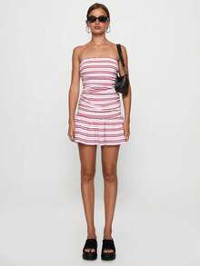 Striped Open Shoulder Mini Dress With Pleated Side For Women, Soft Fabric - Multicolor - View 5