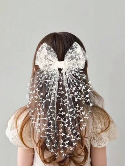 1pc Girls Elegant Cute White Lace Embroidered Bowknot Hair Clip, Wedding Hair Accessory, Suitable For Teens, Daily, Holiday, Party Wear, New Year, Valentine's Day, Back To School