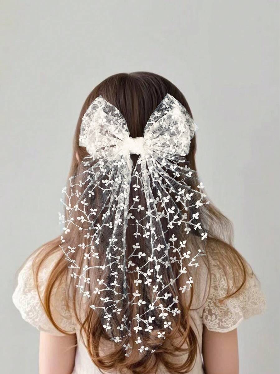 1pc Girls Elegant Cute White Lace Embroidered Bowknot Hair Clip, Wedding Hair Accessory, Suitable For Teens, Daily, Holiday, Party Wear, New Year, Valentine's Day, Back To School - Multicolor - View 1
