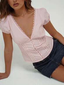 Women's Sexy Deep V Neck Button Down Shirts Blouse Slim Fit Lace Turn Tops Summer Office Shirt - Pink - View 5
