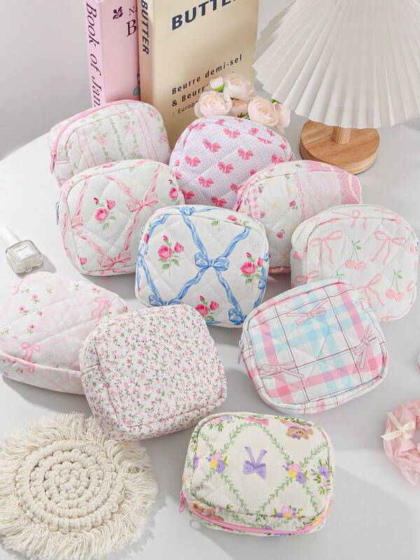 Cute Mini Bow Knot Patter Makeup Bag With Zipper Pouch Print Flower Pattern Lipstick Storage Bag Pad Bag Cherry Pattern Mini Makeup Bag Portable Travel Bag Jewelry Pouch Cute Mini Zipper Cosmetic Bag Make Up Organizer Toiletry Bag Make Storage Mini Bag Coin Purse Sanitary Pad Period Bag Napkin Pouch Coin Purse Sanitary Bag For Mother's Day Gift,Friends,Wife,Her,.
