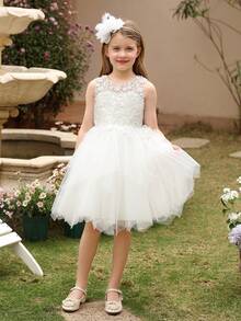 Tween Girl Sleeveless Mesh Lace Puff Party Dress - White - View 4