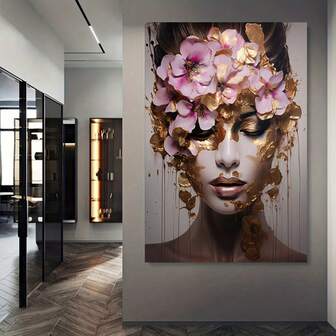 Impresión de arte abstracto moderno en lienzo sin marco, elegante mujer de cabello dorado con tocado floral, estilo acuarela, perfecto para la decoración de la sala de estar, dormitorio u oficina | Obra de arte abstracta | Obra de arte en lienzo, decoración de pared