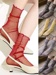 1 双/5 双女士金属线蕾丝边中筒袜，透明网眼透视荷叶边袜子，轻便春夏秋季