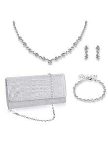 精緻、安靜的奢華閃爍,閃閃發光的迷人,優雅的女士時尚鑽石項鍊、手鍊、耳環套裝,配有晚宴手拿包、鏈帶肩包、晚宴包,適用於派對女孩、女人,特別適合派對、婚禮、舞會、晚宴/宴會,為女性提供最好的禮物,獻給派對女孩、女人、新娘的完美禮物,最好的新年和情人節禮物套裝 - 銀色 - 查看 1