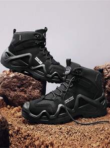 Men's Multi-Function Outdoor Work Safety Boots, Colorblock High Top Leather Hiking Boots, Vintage Style Comfortable Casual Versatile Trekking Shoes For Construction, Soft Sole Lightweight Breathable