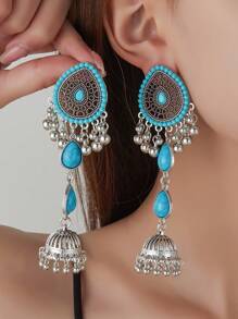 2pcs Bohemian Retro Rhinestone Tassel Earrings, Fashionable Metal Bell Pendant Earrings For Women