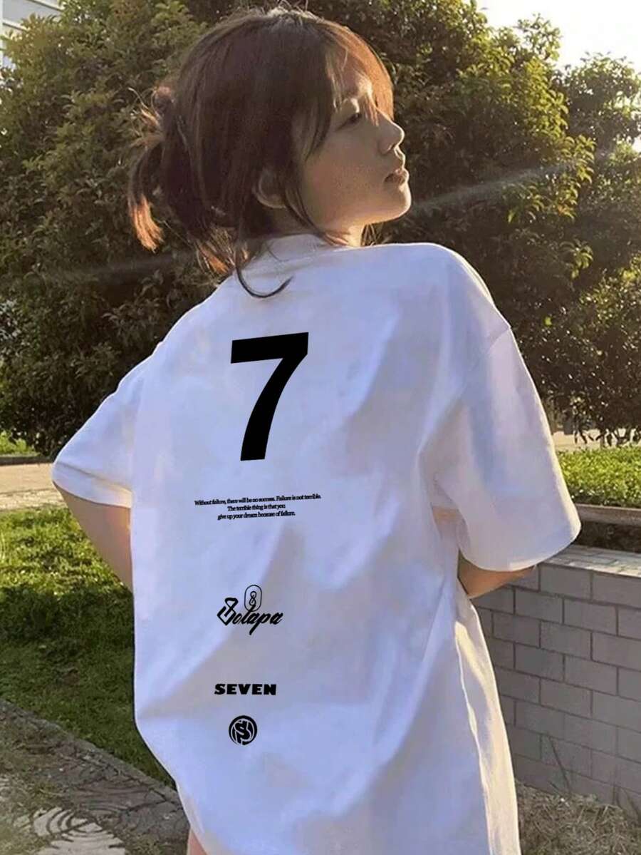 Women's Loose Fit Round Neck T-Shirt With Digital And English Print, Versatile For Spring/Summer - White - View 1