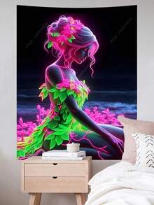المطرز الإلهي المشع بضوء الأشعة فوق البنفسجية ذو الخلفية الداكنة والألوان الوردية والخضراء، فن الحائط الأسطوري للرقص والتأمل لغرفة النوم وغرفة المعيشة، ديكور بوهيمي من القماش