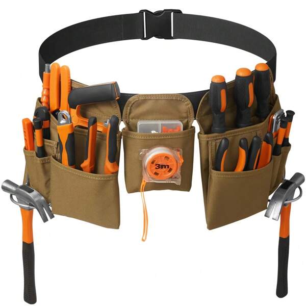 19 Pockets Tool Belt with Hammer Holder - Heavy Duty Removable & Adjustable Tool Bag Belt, Fits 31 - 50 Inch in Work Apron for Construction Workers, Carpenters, Framers, Electricians