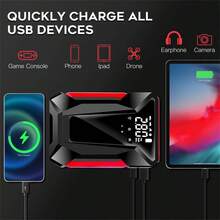 Arrancador portátil de coche con compresor de aire, luz LED de emergencia y batería externa - Carga rápida para teléfonos, portátiles, coches, camiones, autocaravanas y talla grande - Incluye bolsa de almacenamiento, cargador de batería de vehículo | Batería compacta | Características avanzadas, arrancador portátil de batería de coche