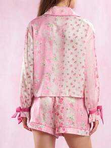 Y2k Floral Print Silk Bow Tie Pajamas For Women Set Summer 2 Piece Outfits Cute Long Sleeve Shirt Lounge Shorts Pajama Sets - 彩色 - 查看 3
