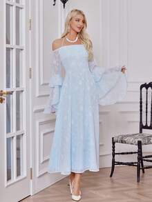 露肩、镂空细节、喇叭袖、合身腰部 A 字裙、伴娘裙 - 淺藍色 - 查看 5