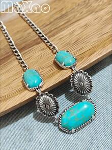 复古西南风格绿松石 + 牛仔链项链，适合女士佩戴，全绿松石珠，设计独特，不褪色，适合女性休闲佩戴