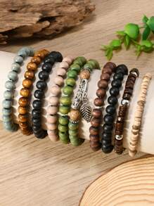 10pcs/Set Bohemian Style Wooden Bead, Sea Turtle, Coconut, Turquoise Bracelet Set, Suitable For Men's Daily Wear