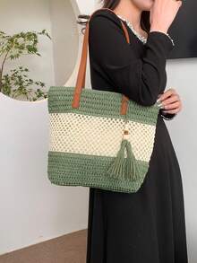1pc New Holiday Tassel Pendant Bicolor Woven Beach Tote Bag, Casual Shoulder Handbag For Beach Trip, Travel - Green - View 2