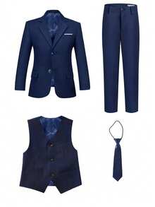 Tween Boy Suits 4-Pieces Suit Set Tuxedos Dresswear Ring Bearer Outfit Wedding Blazer Vest Pants Tie Formal Suits, Navy Blue Size 4-16Y - Navy Blue - View 3