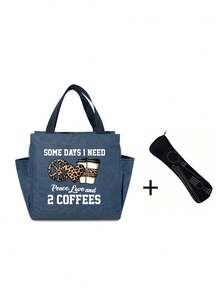 Printed With Leopard Print Hearts And Coffee Patterns Thermal Bag,Lunch Bag With The Interesting Letters' Some Days I Need Peace, Love And 2 Coffees' Paired With A Black Cutlery Storage Bag, Reusable,A Double Pocket Lunch Box Bag, Large Capacity, Summer Outdoor Bags For Food, Picnic Camping Bags - Multicolor - View 21