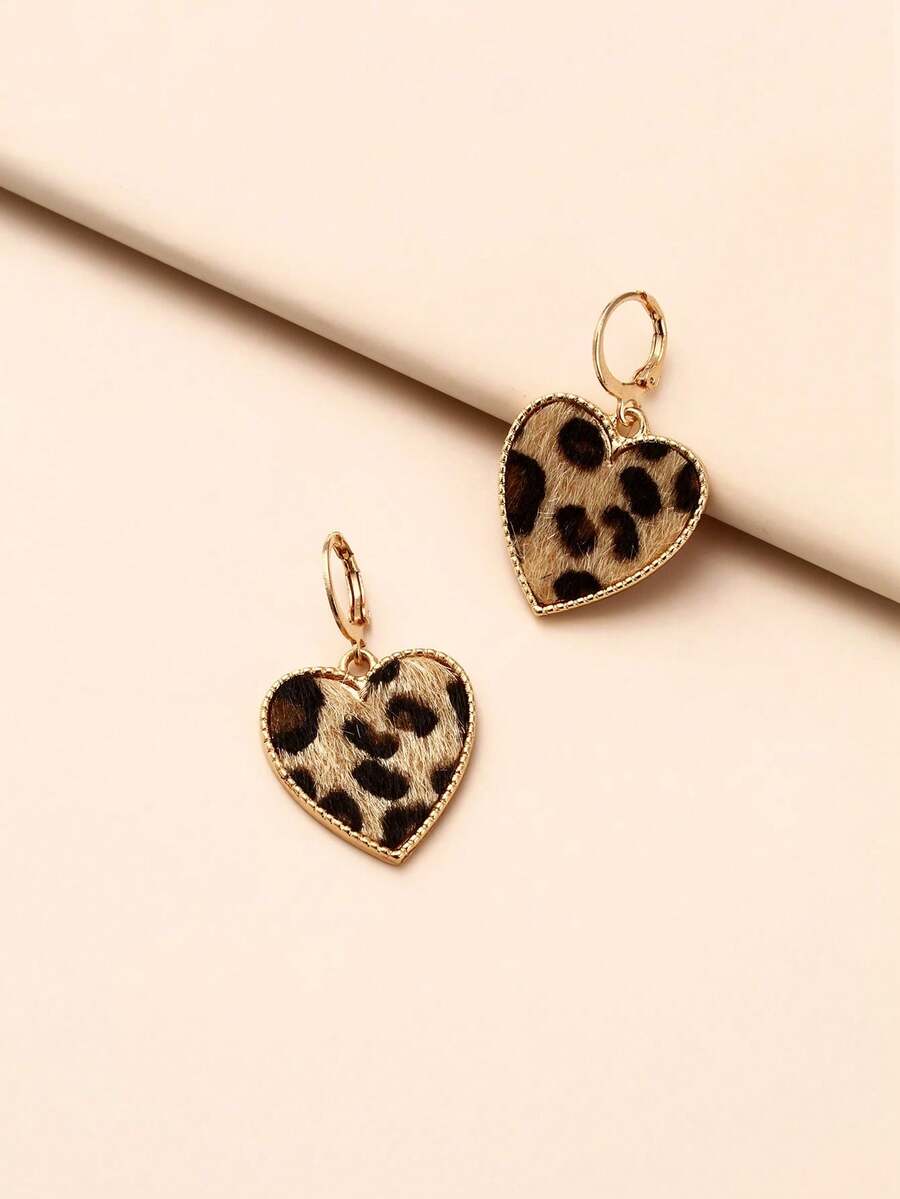 1 Đôi bông tai hình trái tim in họa tiết da báo kiểu Âu Mỹ thời trang dành cho nữ, phụ kiện ngày Valentine. - Nhiều màu - Xem 1