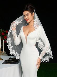 1pc Lace Applique Fingertip Length 95cm Short Bridal Veil With Comb Soft Tulle For Bride Wedding Party - Multicolor - View 4